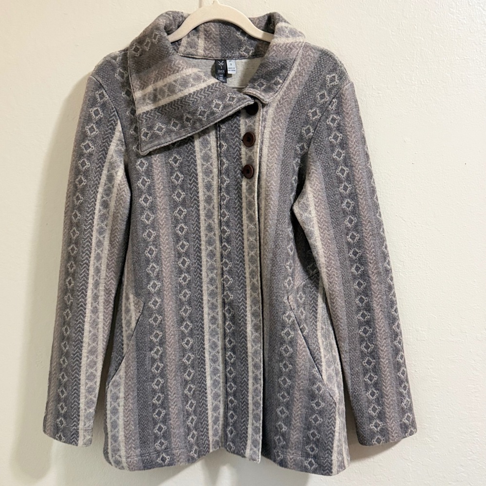 IBEX Reese Merino Wool Cardigan Jacket Small Aztec Fair Isle Gray Asymmetrical